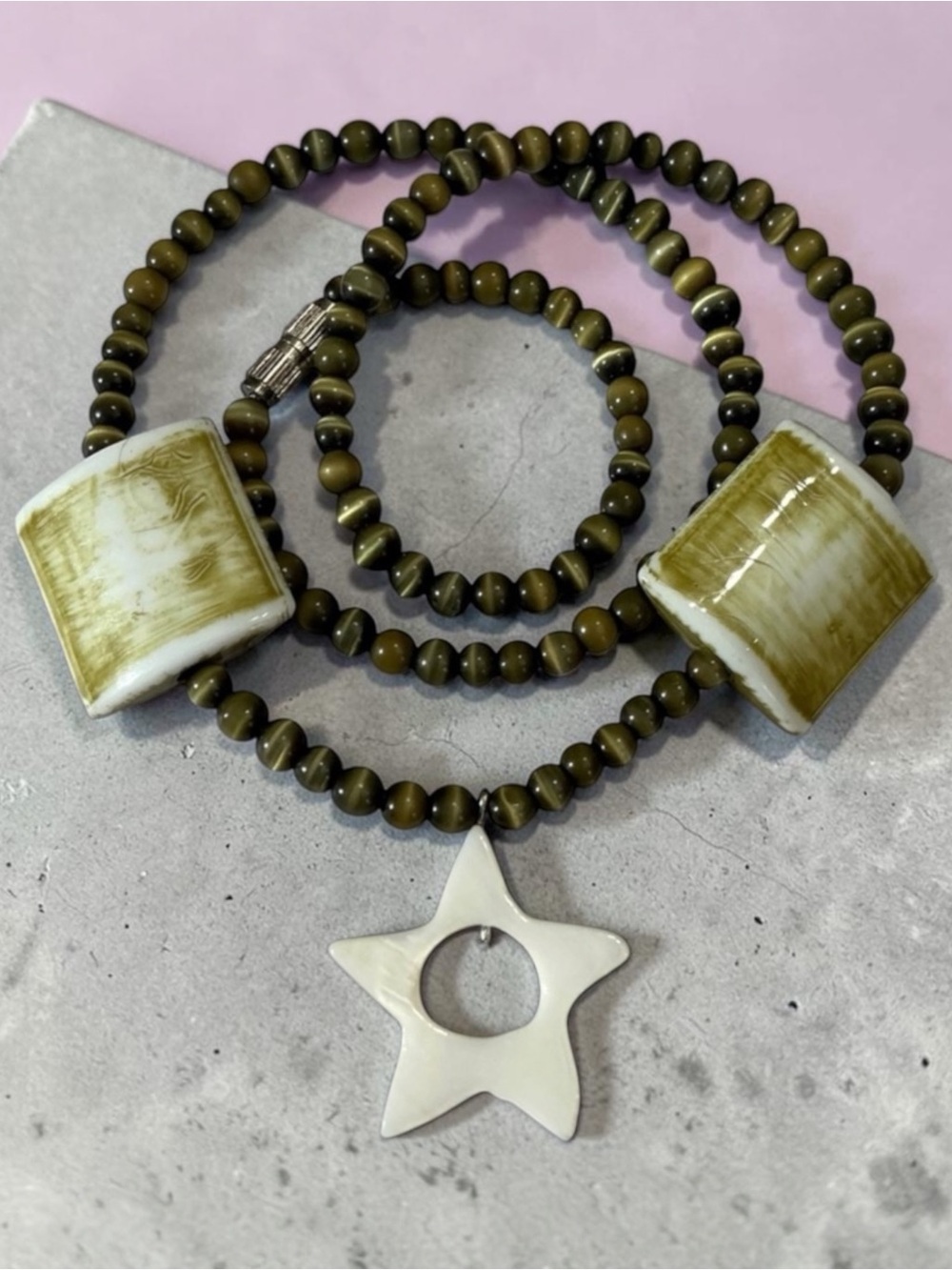 Vintage Handmade Tigers Eye &  Mother of Pearl Beaded Necklace with Star Pendant